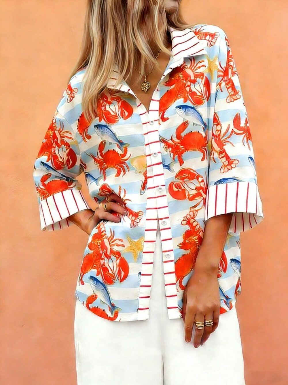 Boho Women's Turndown Collar button down Crab & Lobster Print Casual Shirt - Picture 1 of 6